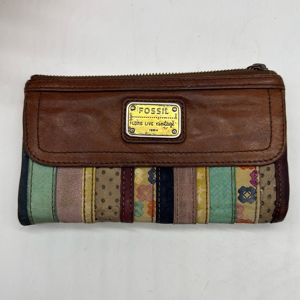 Fossil Brown Leather Multicolor Boho Vintage Women's Wallet